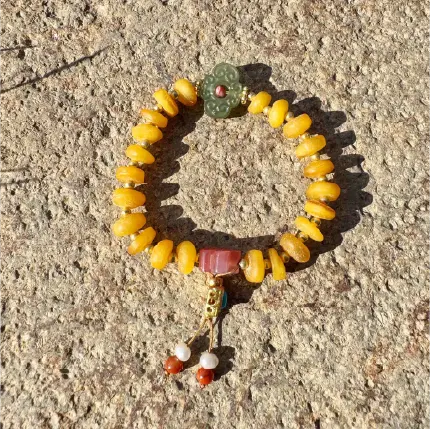 Rola Land｜One-of-a-Kind Natural Amber Bracelet with Green Cloud Jade, Red Floral Stone & Filigree Butterfly Pendant - Artisanal Jewelry