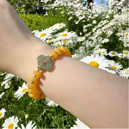 Rola Land｜One-of-a-Kind Natural Amber Bracelet with Green Cloud Jade, Red Floral Stone & Filigree Butterfly Pendant - Artisanal Jewelry