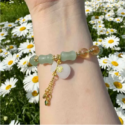 Rola Land｜Natural Aventurine Bamboo-Joint Bracelet with White Jade "Lucky Bag" Charm
