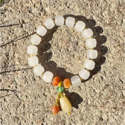 Rola Land｜Natural White Jade Bracelet with Orange Pumpkin Accent & 13mm Vintage Teardrop Pendant - 10mm Beads - Elegant Oriental Jewelry