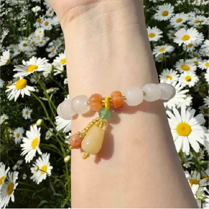 Rola Land｜Natural White Jade Bracelet with Orange Pumpkin Accent & 13mm Vintage Teardrop Pendant - 10mm Beads - Elegant Oriental Jewelry
