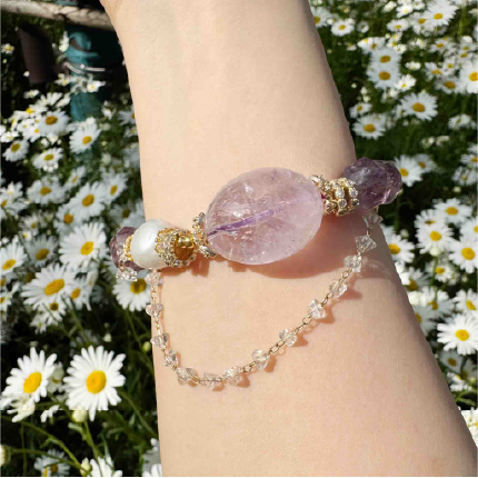 Rola Land｜Natural Amethyst Diamond-Cut Bracelet with Baroque Pearl & Rainbow Crystal - 12mm Beads - Layered Style Single-Wrap