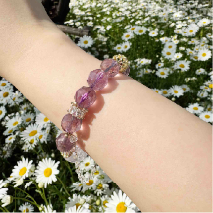 Rola Land｜Natural Amethyst Diamond-Cut Bracelet with Baroque Pearl & Rainbow Crystal - 12mm Beads - Layered Style Single-Wrap