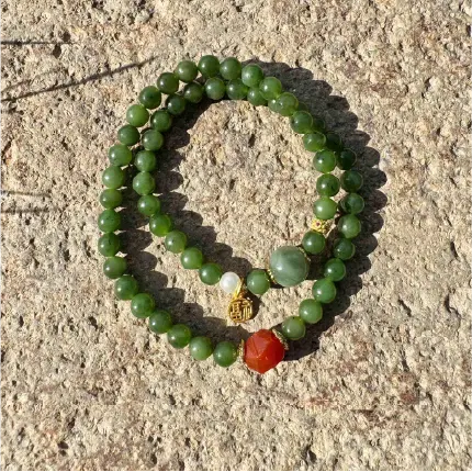 Rola Land｜Natural Jasper & Agate Double-Wrap Bracelet with "Fu" Prosperity Charm - 6mm Beads