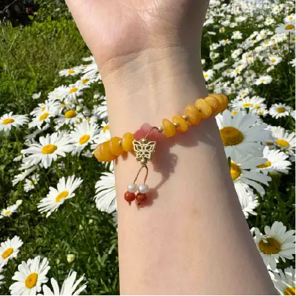 Rola Land｜One-of-a-Kind Natural Amber Bracelet with Green Cloud Jade, Red Floral Stone & Filigree Butterfly Pendant - Artisanal Jewelry