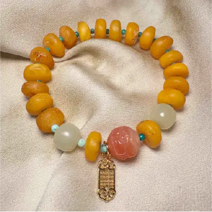 Rola Land | Natural Amber & Hetian Jade Synergy Bracelet One of a Kind Get Rich - Approx. 10mm Beads