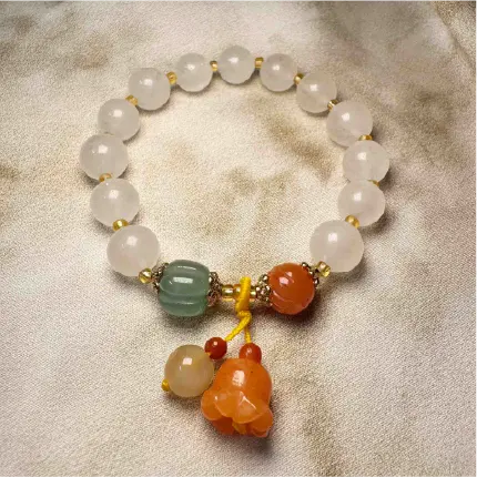 Rola Land｜Natural Clear Crystal Bracelet with Orange Jade Flower Charm & Green Jade Pumpkin - Elegant Handmade Jewelry 10mm Beads