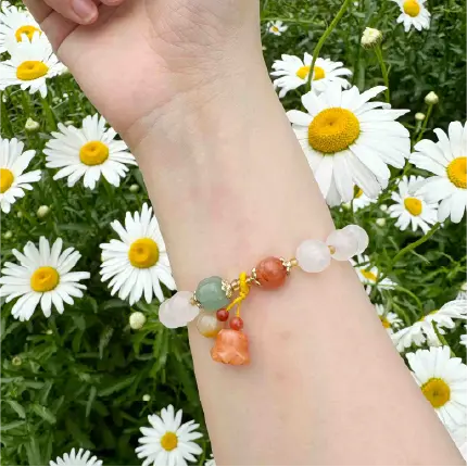 Rola Land｜Natural Clear Crystal Bracelet with Orange Jade Flower Charm & Green Jade Pumpkin - Elegant Handmade Jewelry 10mm Beads