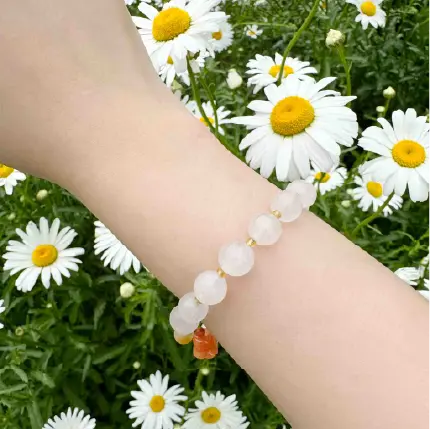 Rola Land｜Natural Clear Crystal Bracelet with Orange Jade Flower Charm & Green Jade Pumpkin - Elegant Handmade Jewelry 10mm Beads